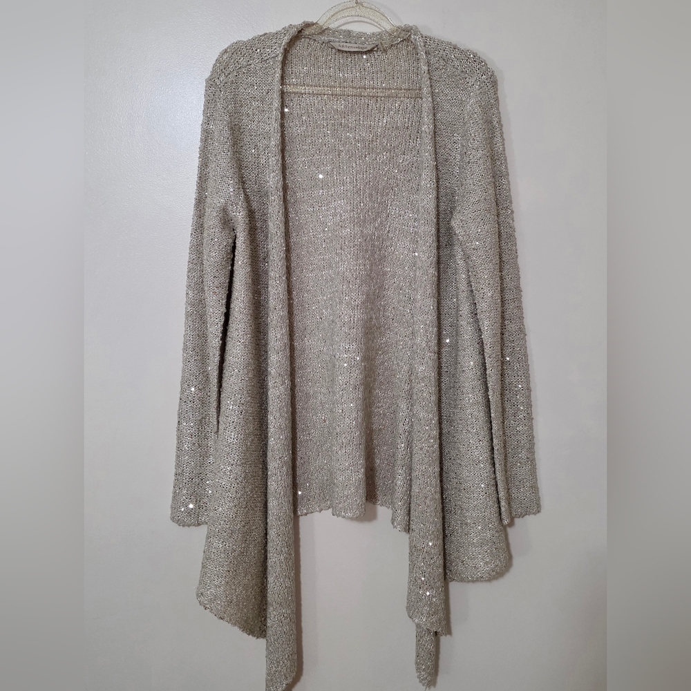 Soft Surroundings Neutral Sequin Waterfall Open Front Cardigan Layering Medium